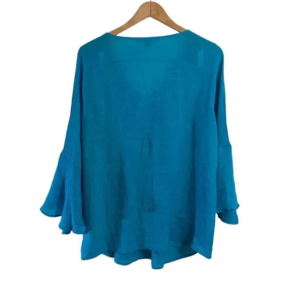 Valerie Stevens Blue Blouse Plus Size 1X Flared Sleeves Crochet Lace Applique - Picture 2 of 7